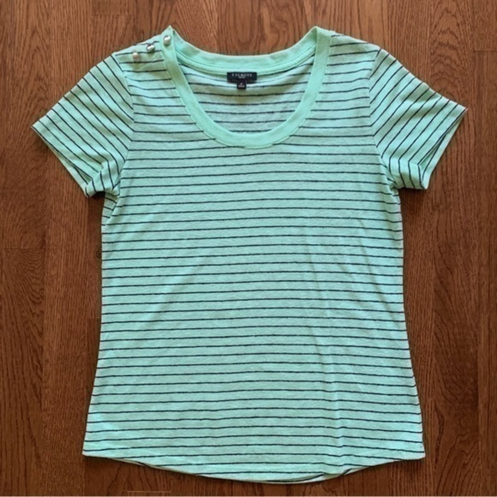NFSTalbots petite scoop neck short sleeve black & green striped tee small petite